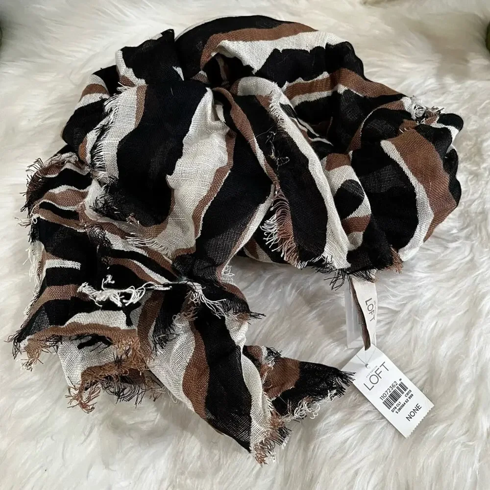 NEW Ann Taylor Loft Linen Multicolor Raw Hem Oversized Neutral Wrap Scarf OS NWT